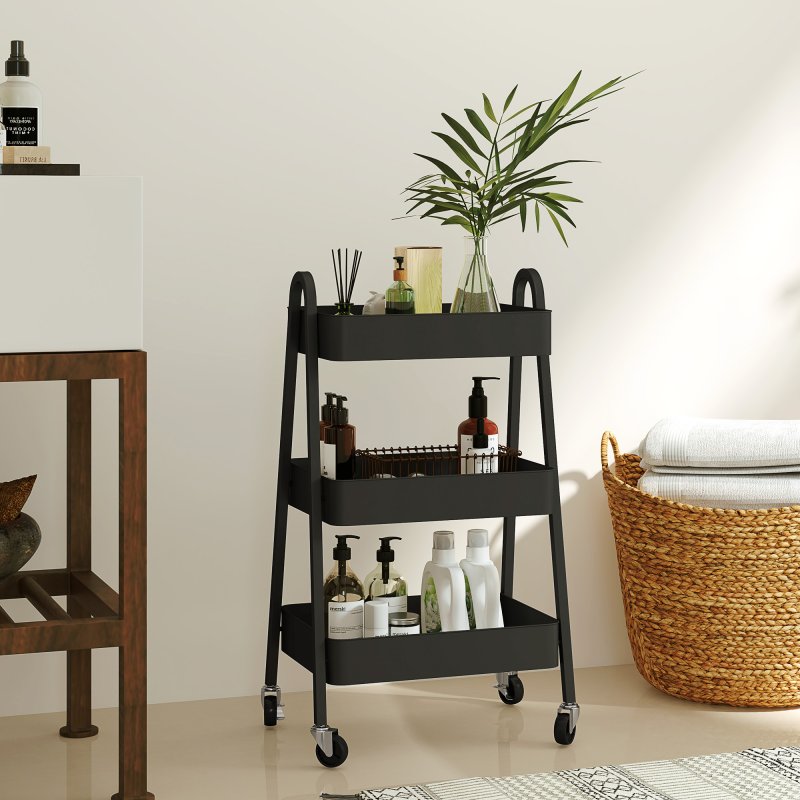 HOMCOM 3-Tier Storage Trolley on Wheels, Rolling Utility Cart with Handles, Mobile Kitchen Storage Cart for Living Room, Dining Room, Bedroom, Bathroom