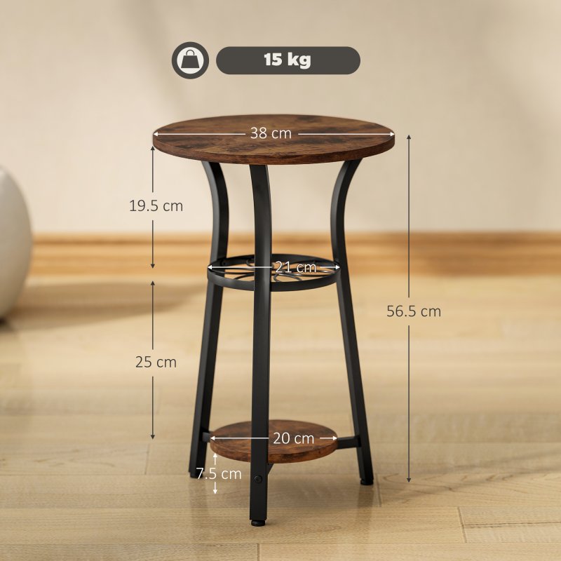 HOMCOM Small Round Side Table for Narrow Space, 3-Tier End Table with Storage Shelves, Industrial Nightstand for Living Room, Bedroom, Rustic Brown