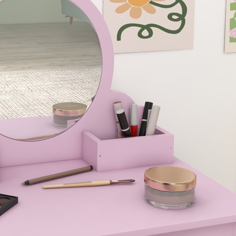 ZONEKIZ Kids Dressing Table, Kids Vanity Table, Girls Dressing Table with Mirror, Stool, Drawer, Storage Boxes, Cat Design, for Ages 3-6 Years - Pink