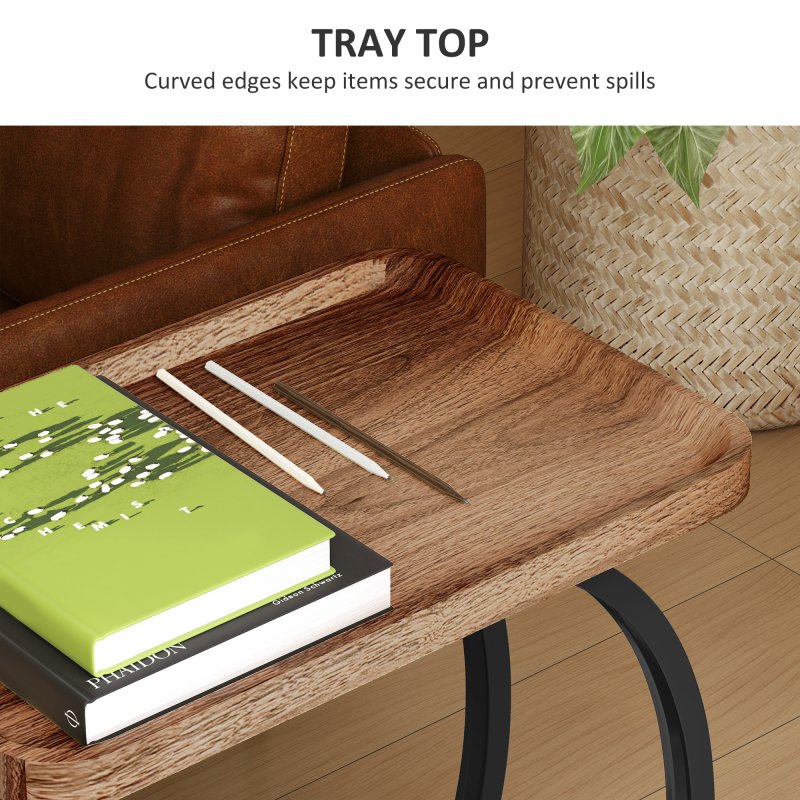 HOMCOM C Shaped Side Table with Storage, Mobile 2-Tier Bedside Table with Tray Top, Wheels, Steel Frame for Living Room, Bedroom, Brown