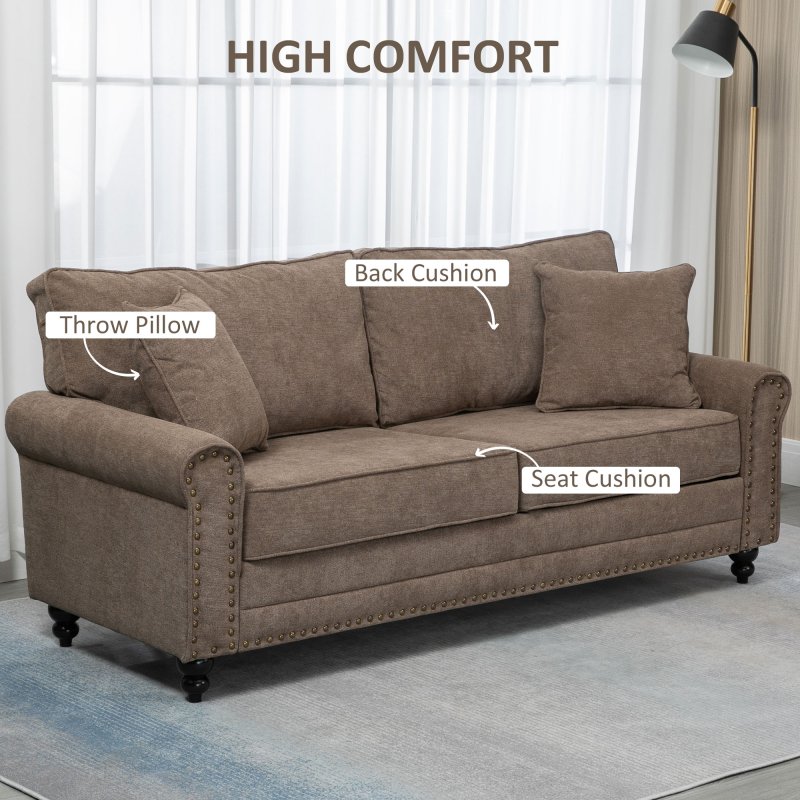 HOMCOM 3 Seater Sofa, Fabric Couch with Rubber Wood Legs, 3 Seater Settee with Extra Padded Cushions and Pillows for Living Room, 196W x 80.5D x 89H cm