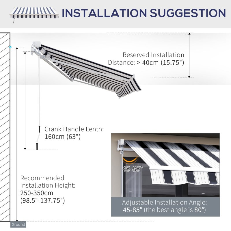 Outsunny 2.5m x 2m Retractable Awning, DIY Garden Awning Canopy, Anti-UV Sun Shade Shelter with Aluminium Frame and Crank Handle, Blue and White