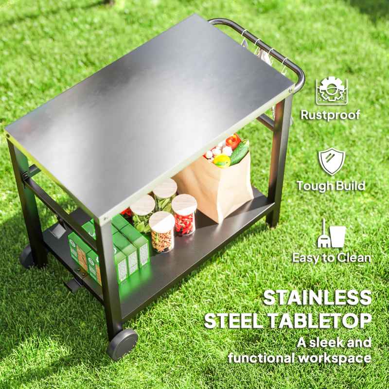 Outsunny Outdoor Grill Dining Cart 2-Shelf Movable Pizza Oven Table Stand with Stainless Steel Top, Portable BBQ Trolley Food Prep Outdoor Kitchen BBQ Station with Hooks Wheels Handle, Charcoal Grey
