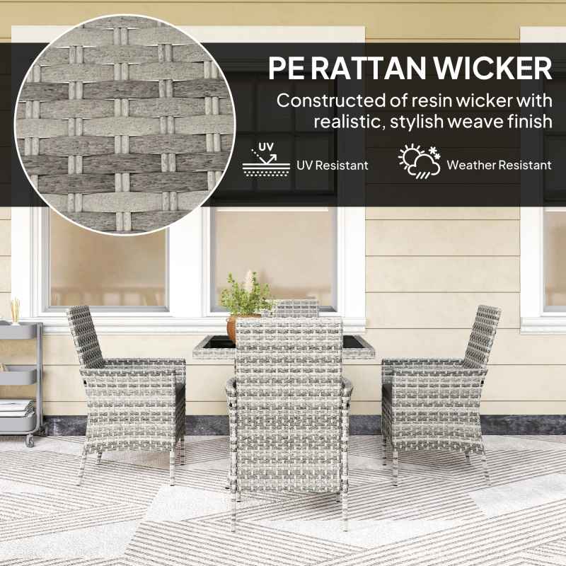 Outsunny Rattan Garden Furniture Set, Outdoor Dining Table and Chairs 4 Seater with Cushions, Square Tempered Glass Top, 4 Armchairs, for Balcony, Terrace, Conservatory, Mixed-Grey