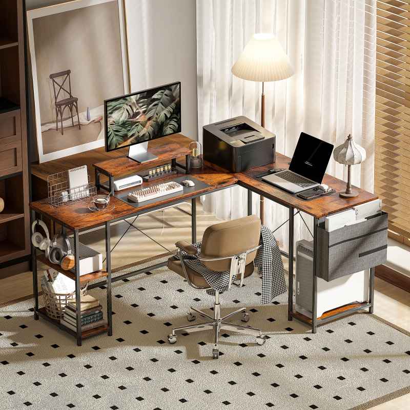 HOMCOM 168cm Reversible L Shaped Desk, Industrial Corner Computer Desk with Adjustable Shelf and Storage Bag, 240cm 2 Person Desk with Monitor Stand, Rustic Brown