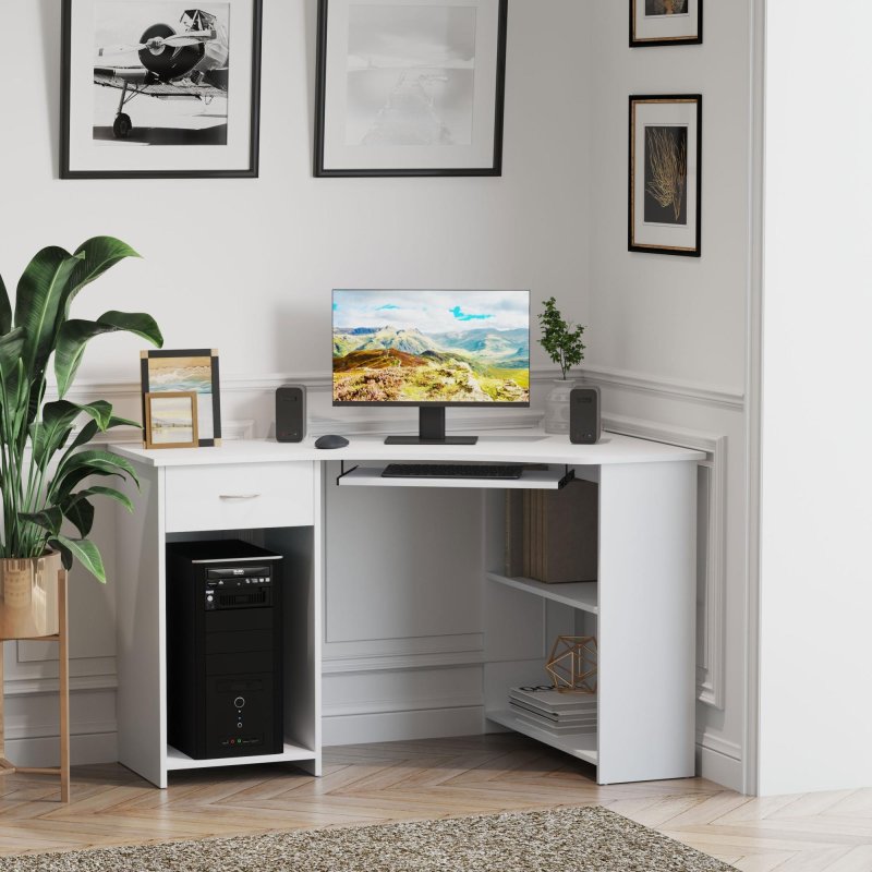 HOMCOM L-Shaped Corner Computer Desk w/ 2 Shelves Wide Worktop Keyboard Tray Drawer & CPU Stand Home Office Study Bedroom Furniture