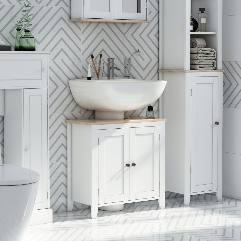 kleankin Under Sink Cabinet, Bathroom Sink Cabinet with 2 Doors, Pedestal Under Sink Design, Freestanding Bathroom Cupboard with Adjustable Shelf