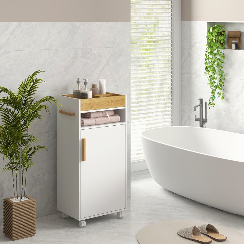 kleankin Bathroom Cabinet with Wheels, Bathroom Storage Cabinet with Cushioned Door, Removable Tray, Open Compartment and Adjustable Shelves for Washroom, White