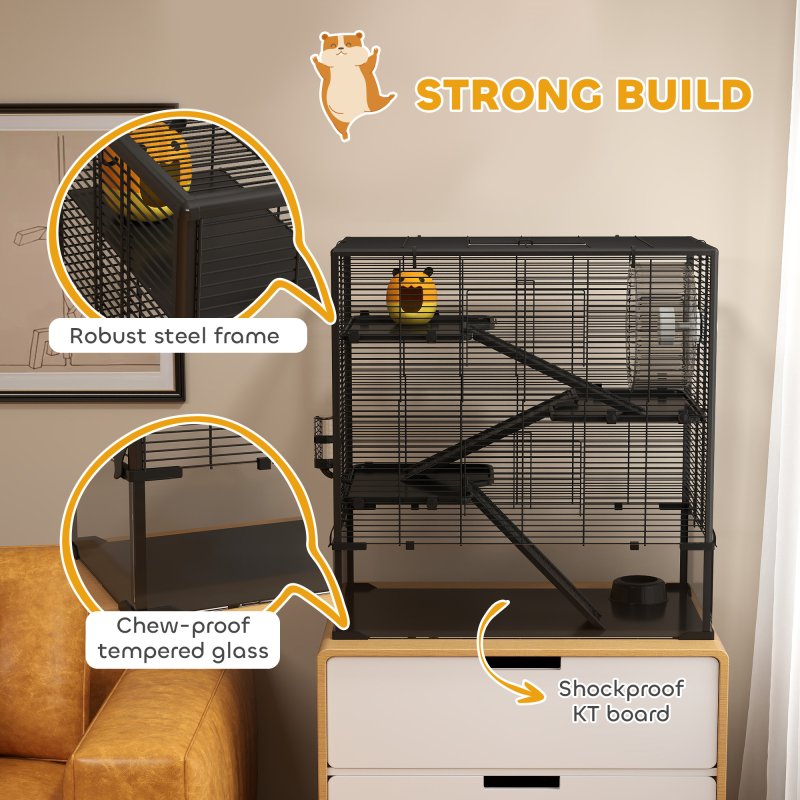 PawHut Hamster Cage with Deep Tempered Glass Bottom, 4 Tier Large Hamster Tank with Hut, Running Wheel, Platforms, Ramps, Food Dish, Water Bottle, for Syrian, Dwarf, Rats, Gerbils, 78.5 x 48.5 x 80cm