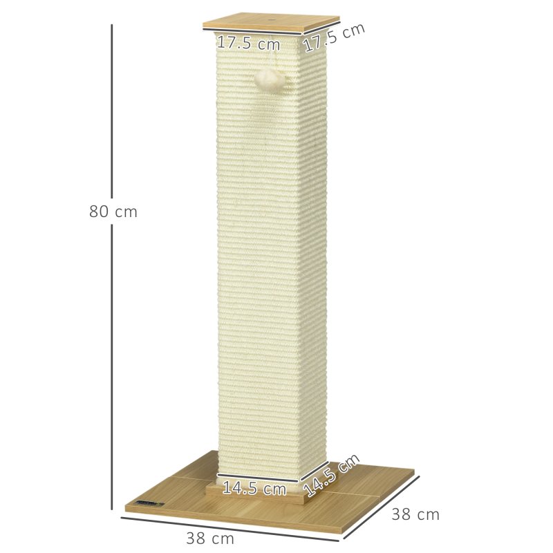 PawHut Cat Scratching Post 80cm Tall Cat Scratch Post with Hanging Ball Toy, Cat Scratcher Natural Sisal Rope