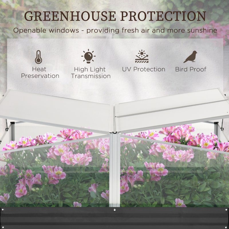 Outsunny Galvanised Raised Garden Bed with Greenhouse and Openable Cover, Metal Outdoor Planters for Vegetables, Flowers and Herbs, for Patio and Garden, 126 x 107 x 67.5cm, Dark Grey