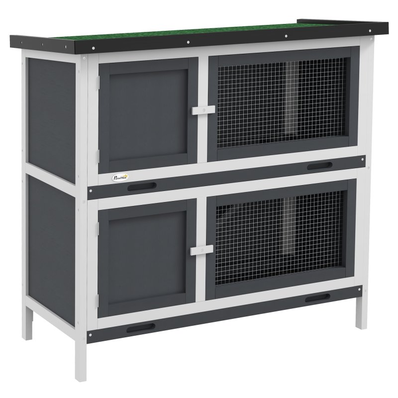 PawHut Rabbit Hutch  Guinea Pig Hutch Double Decker Pet Cage with Openable Roof, Divider, Ramp for Outdoor 100 x 47 x 91cm, Grey