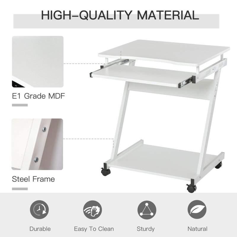 HOMCOM Movable Computer Desk with 4 Moving Wheels Sliding Keyboard Tray Home Office Workstation 