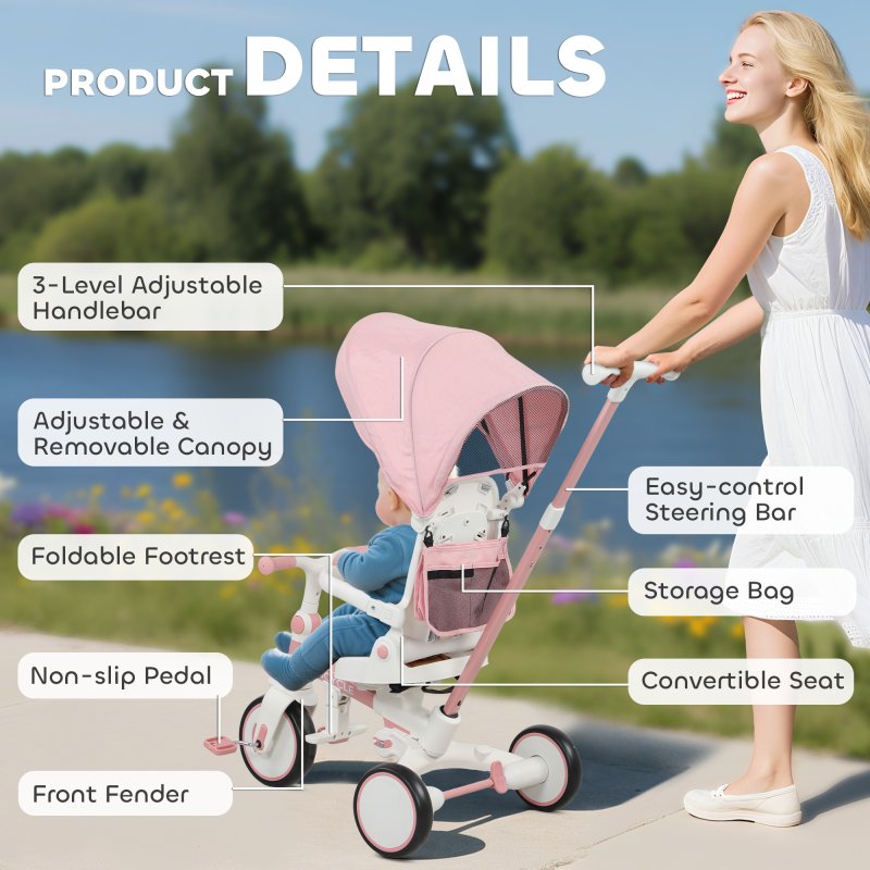 AIYAPLAY Kids Trike, Foldable Toddler Tricycle 5 in 1 with Adjustable Parent Handle & Removable Canopy, 5-point Safety Harness, Footrest, Storage Bag, for Ages 1-3 Years, Pink