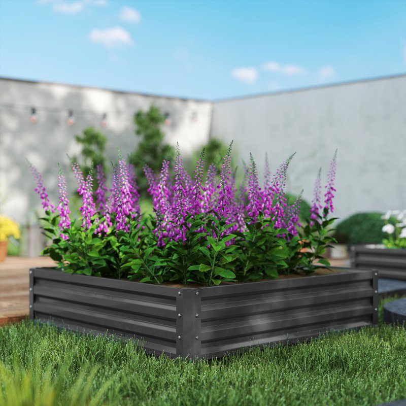 Outsunny 432L Square Raised Garden Bed Box with Weatherized Steel Frame for Vegetables, Flowers and Herbs, 120 x 120 x 30cm, Light Grey