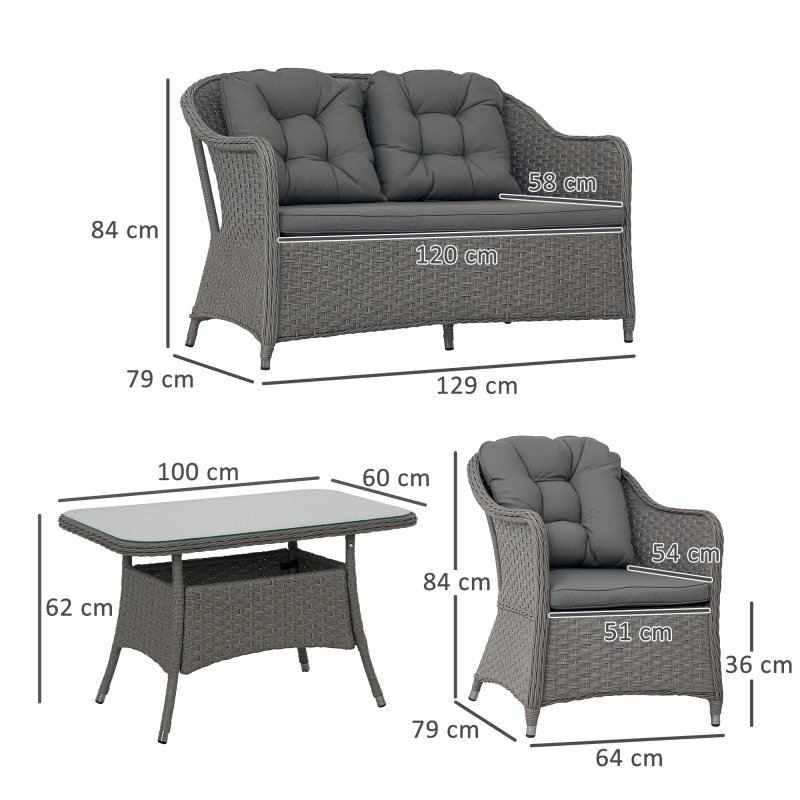 Outsunny 4 Pieces Rattan Garden Furniture Set, Round Wicker Garden Sofa Set with Loveseat, Armchairs and Glass Top Table, Outdoor Conservatory Furniture with Cushions for Patio, Balcony, Light Grey