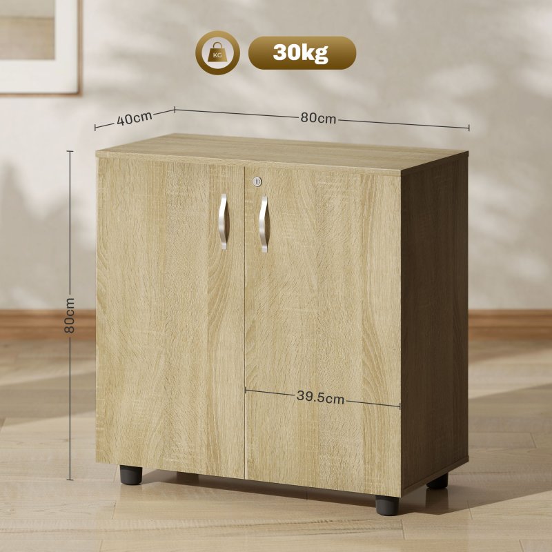 Vinsetto Filing Cabinet with Locking Doors & Shelves, 2-Tier Lockable Storage Cabinet with 2 Keys for Home Office, 80W x 40D x 80H cm, Oak