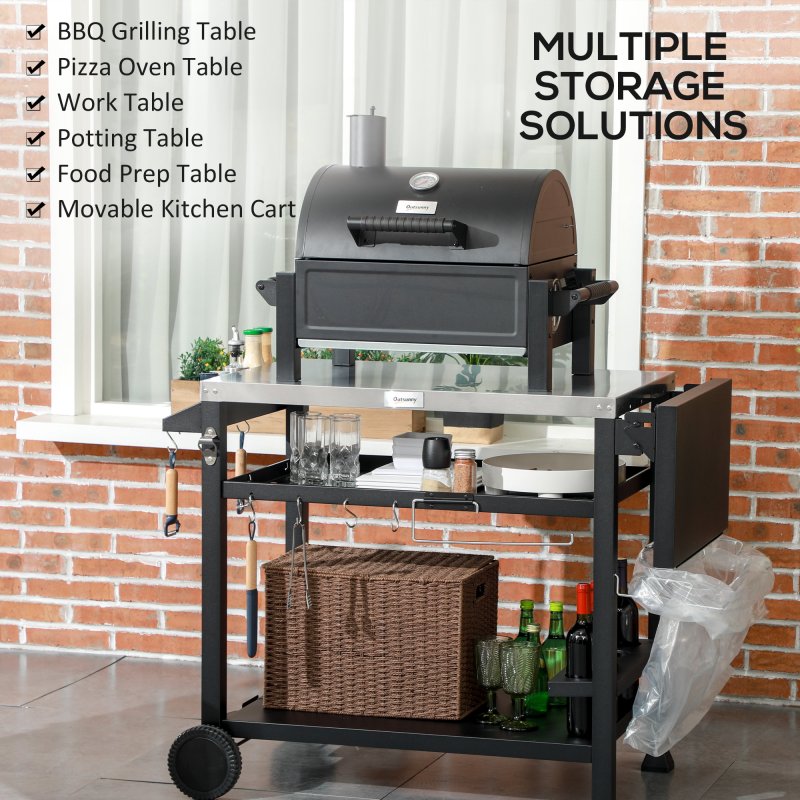 Outsunny Outdoor Grill Dining Cart with Foldable Side table, Stainless Steel Top, Portable BBQ Trolley with 2 Wheels, 6 Hooks, 3-Shelf Movable Food Prep Pizza Oven Table for Kitchen, Patio, Garden