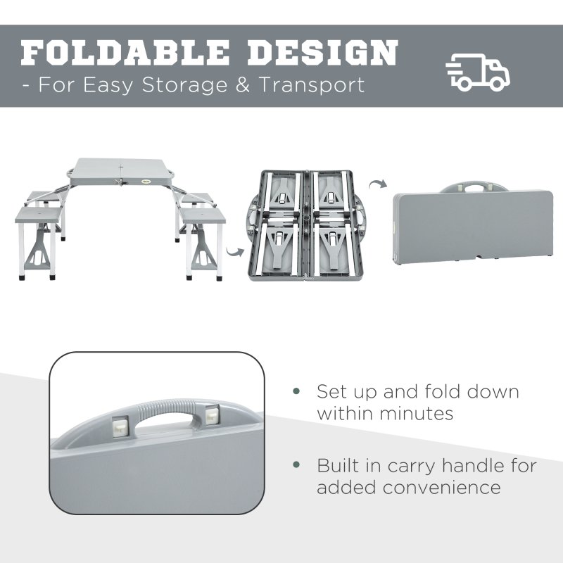Outsunny Portable Foldable Camping Picnic Table with Seats Chairs and Umbrella Hole, 4-Seat Fold Up Travel Picnic Table, Grey
