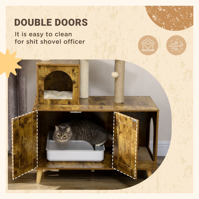 PawHut Cat Tree with Litter Box Enclosure, 2-in-1 Cat Tower for Indoor Cats with Cat House, Scratching Post, Hammock, Cushion, Rustic Brown