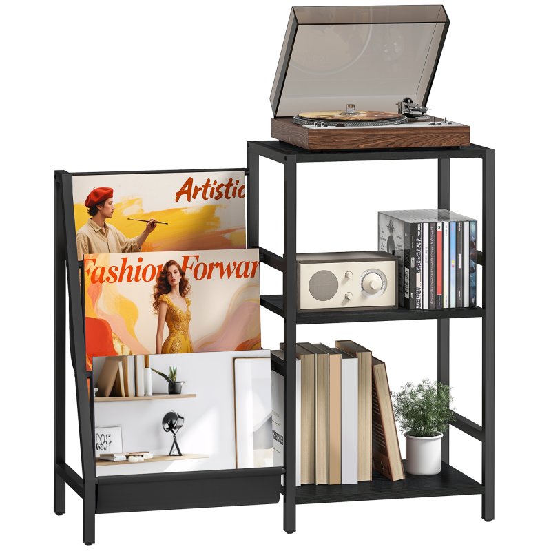 HOMCOM Record Player Stand, 3-Tier Side Table with Vinyl Record Storage, End Table with 3 Oxford Cloth Magazine Racks for Living Room, Bedroom, Black Wood Effect