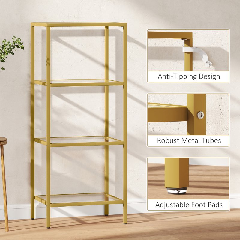 HOMCOM 4-Tier Shelving Unit, Modern Glass Shelf, Bookshelf, Storage Rack for Living Room, Home Office, Bedroom, Bathroom, 40 x 30 x 97 cm, Gold Tone