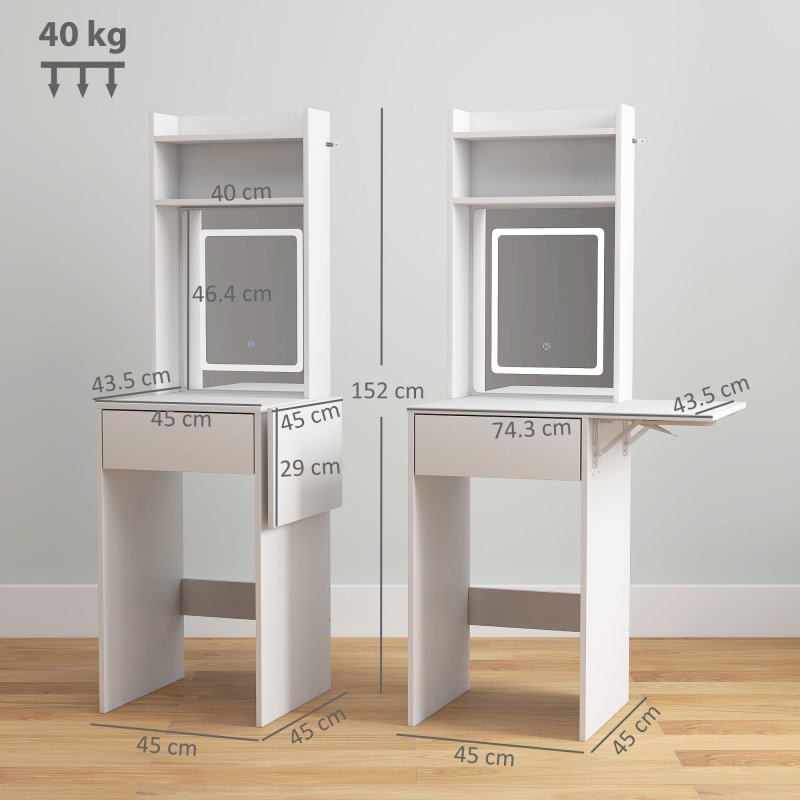 HOMCOM Small Dressing Table with Mirror and Adjustable LED Lights, Modern Vanity Desk with Drop Leaf, Open Shelves and Drawer, Compact Makeup Table for Small Spaces, Bedroom, White