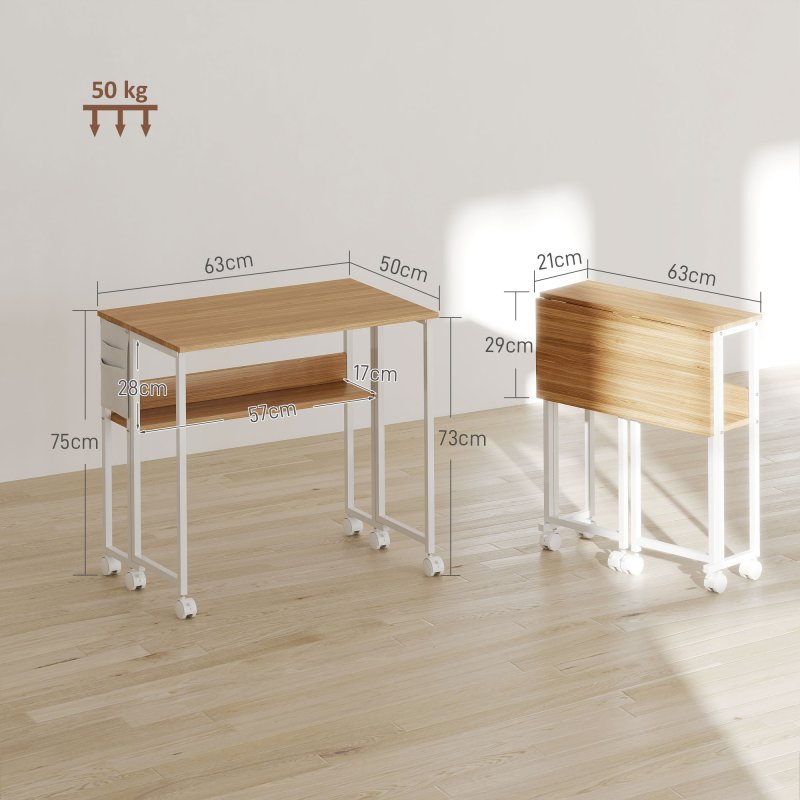 HOMCOM Folding Desk with Storage Shelf and Bag, 63 cm Foldable Computer Desk for Small Spaces, Space Saving Writing Table on Wheels for Home Office, Bedroom, Easy Assembly, Natural Wood Finish