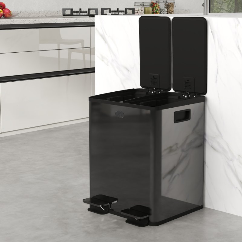 HOMCOM Dual Kitchen Bin, 2 x 20L Stainless Steel Double Rubbish Bin with Soft Close Lid, Removable Inner Buckets, Fingerprint-Proof for Recycling and Waste