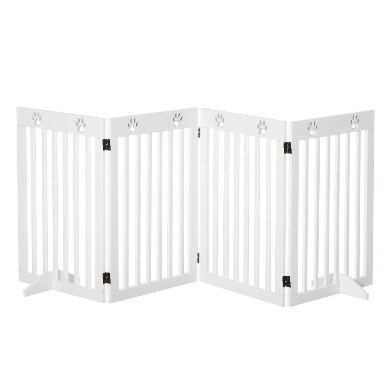 PawHut Freestanding Pet Gate 4 Panel Dog Barrier Folding Safety Fence with Support Feet up to 204cm Long 75cm Tall for Doorway Stairs, White