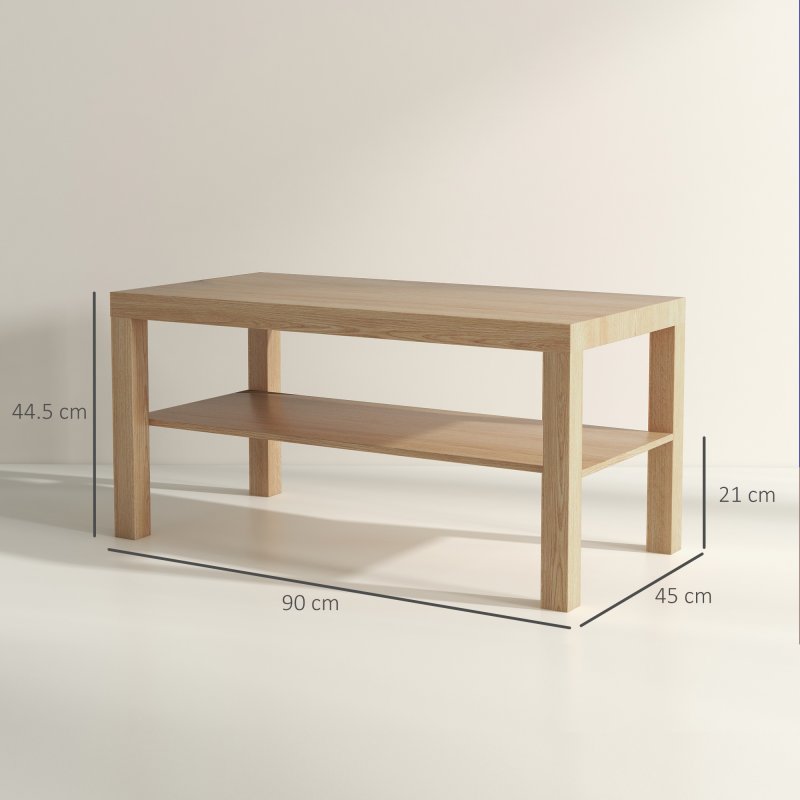 HOMCOM 2-Tier Coffee Table with Storage Shelf, Rectangular Centre Table for Living Room, Home Office, Natural Wood Finish