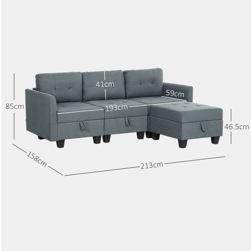 HOMCOM Convertible Modular Sectional Sofa with Storage, Tufted 3 Seater Sofa Set, L Shaped Couch with Ottoman, Wood Frame for Living Room