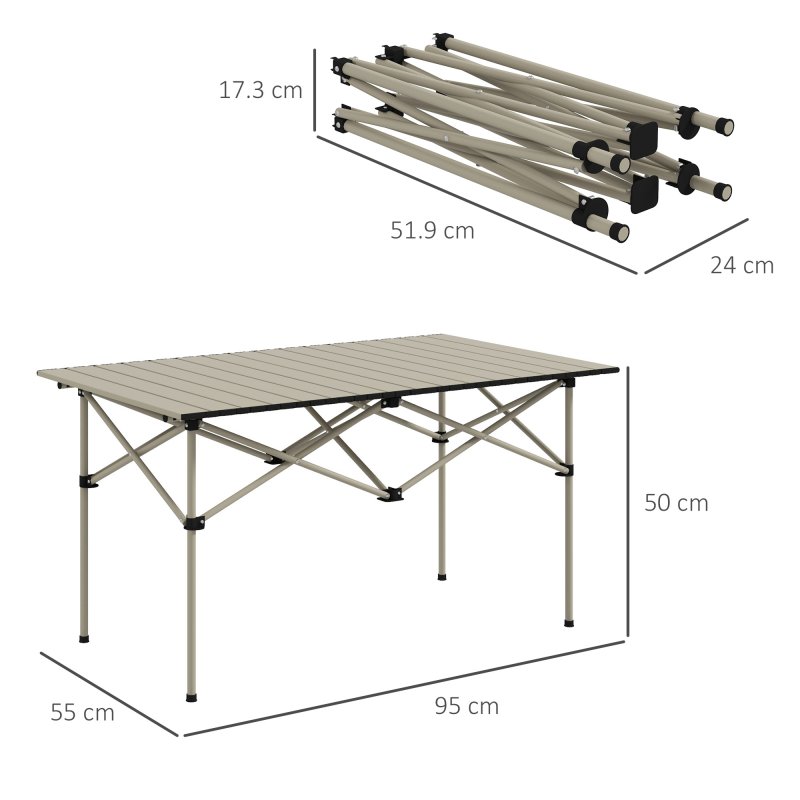Outsunny Portable Camping Table, 3ft Lightweight Folding Aluminium Picnic Table with Roll Up Top, Carry Bag for Outdoor Camping, Picnic, Hiking, Cooking, BBQ, Fishing, Khaki