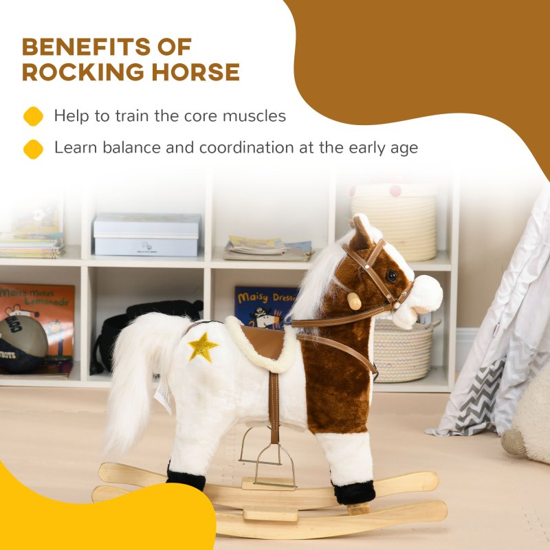 HOMCOM Rocking Horse with Music, Sound, Wagging Tail, Kids Ride On Horse with Saddle Gift for Ages 3-6 Years, Brown