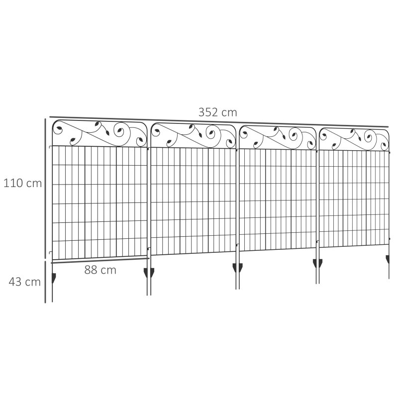 Outsunny Decorative Garden Fencing, 4PCs Outdoor Picket Fence Panels, 43in x 11.5ft Rustproof Metal Wire Landscape Flower Bed Border Edging Animal Barrier, Black