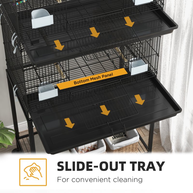 PawHut 2 Tier Bird Cage, Budgie Cage with Stand, Swing, Rope, Ladder, Wheels, Shelf, Tray, Perches, Food Containers, for Canaries, Lovebirds, Finches