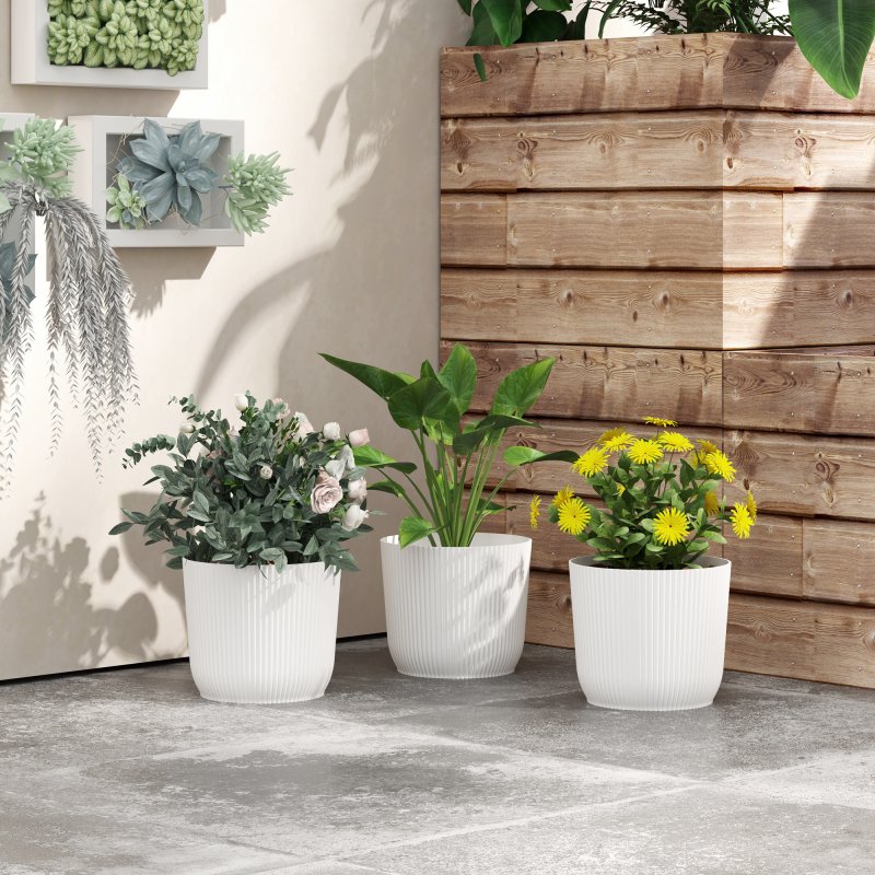 Outsunny Set of 3 Plastic Round Plant Pots Outdoor 22cm, Garden Planters, Flower Pots for Garden Decoration, Patios, Indoor, Outdoor, Home, White