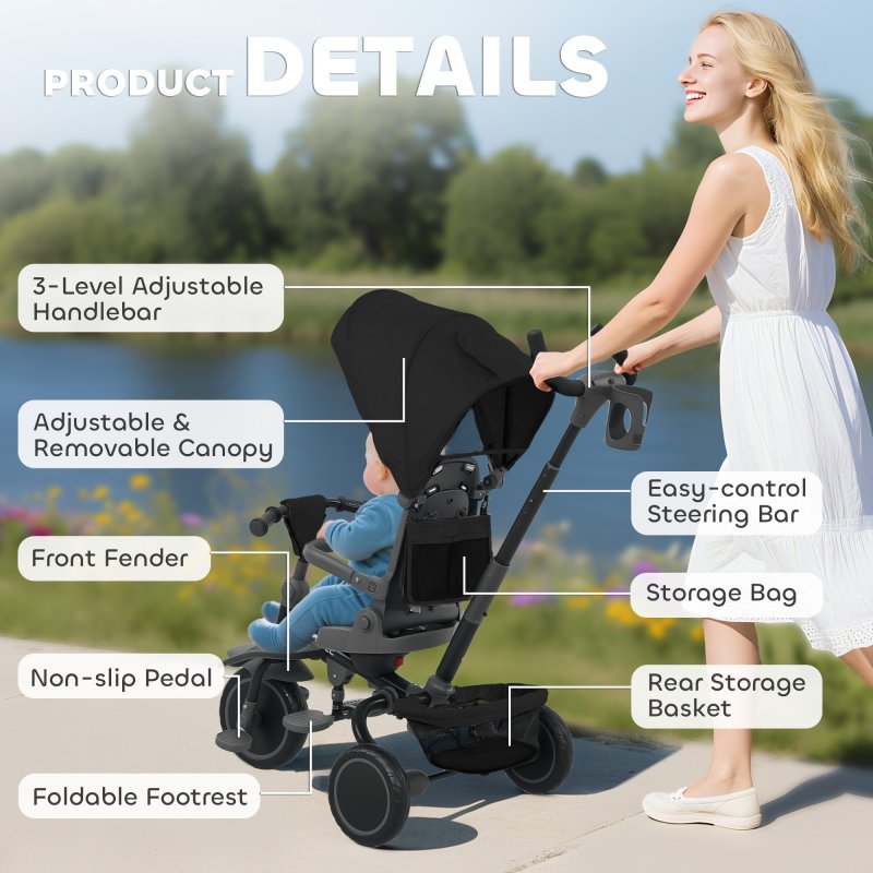 AIYAPLAY Kids Trike, 6 in 1 Toddler Tricycle with Adjustable Parent Handle & Canopy, Convertible Seat, for Ages 1-5 Years, Foldable Baby Trike with Safety Harness, Storage Basket & Bag, Black