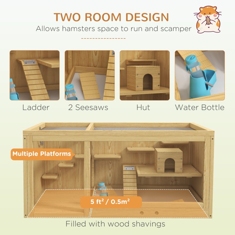 PawHut Wooden Hamster Cage with Water Bottle, Small Animal Exercise Play House with Platforms, Openable Roof, Sliding Tray, Hut, Seesaws, Natural Wood Finish