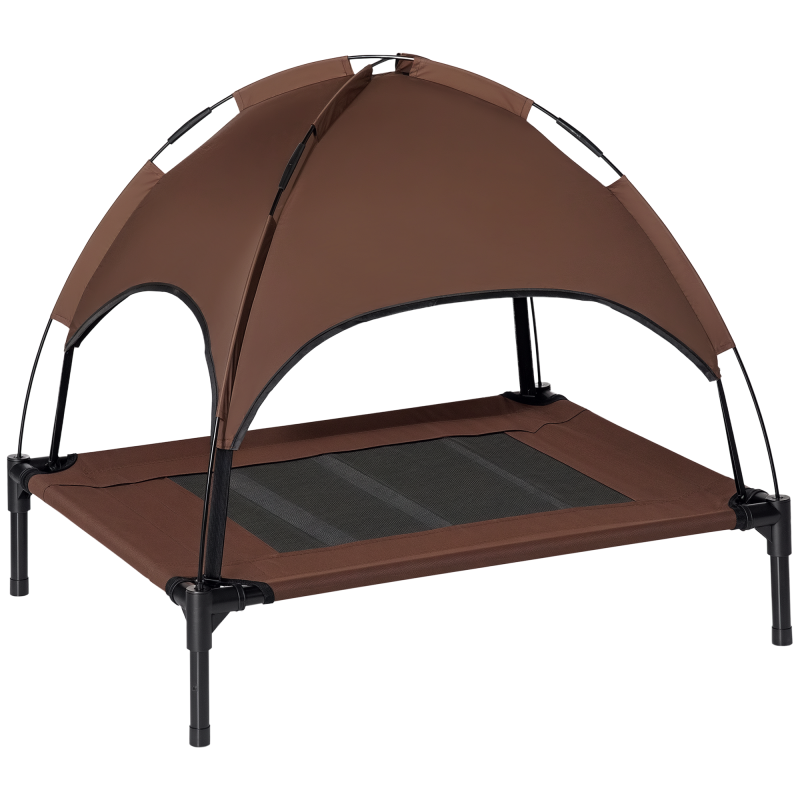 PawHut Raised Dog Bed Waterproof Elevated Pet Cot with Breathable Mesh UV Protection Canopy Brown, for Medium Dogs, 76 x 61 x 73cm