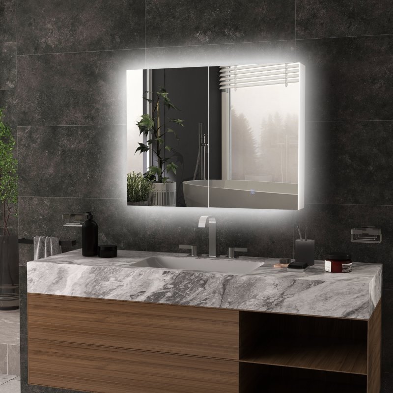 kleankin LED Lighted Bathroom Mirror Cabinet, Wall Mounted Bathroom Storage Cupboard with Adjustable Shelf, USB Powered, 90W x 15D x 70Hcm, High Gloss White