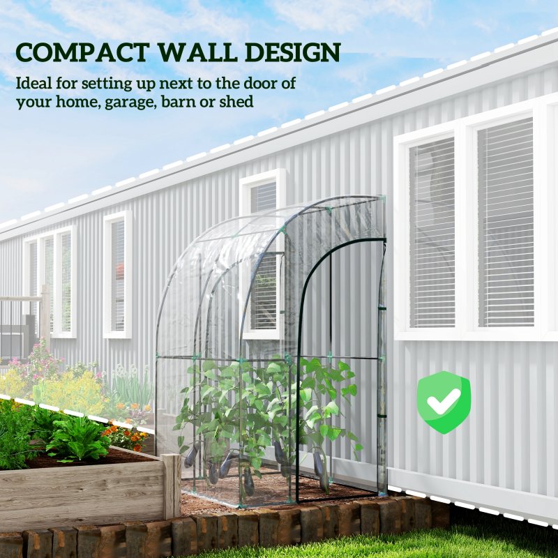 Outsunny Walk-In Greenhouse with Zipped Roll Up Doors, Lean-to Small Greenhouse with Plastic Cover and Sloping Top for Flowers, Vegetables and Herbs, 143cm x 118cm x 212cm, Clear