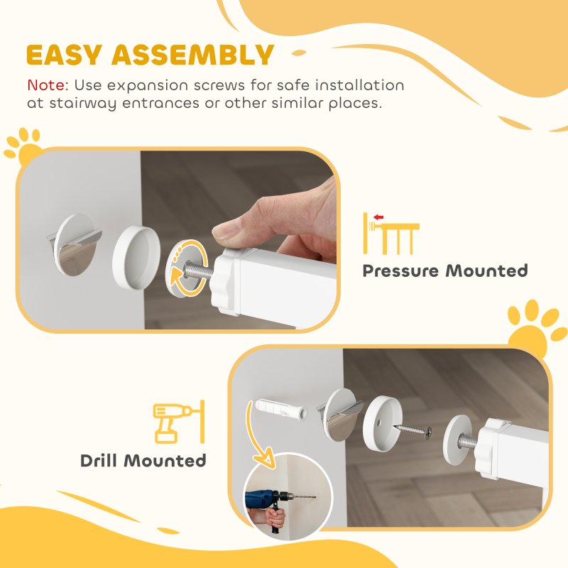PawHut Dog Stair Gate 106cm Extra Tall Height, 76-104cm Adjustable Width Pressure Fit Safety Gate With Cat Door, 7cm and 14cm Extensions for Stairs, Doorways, Easy Installation, White
