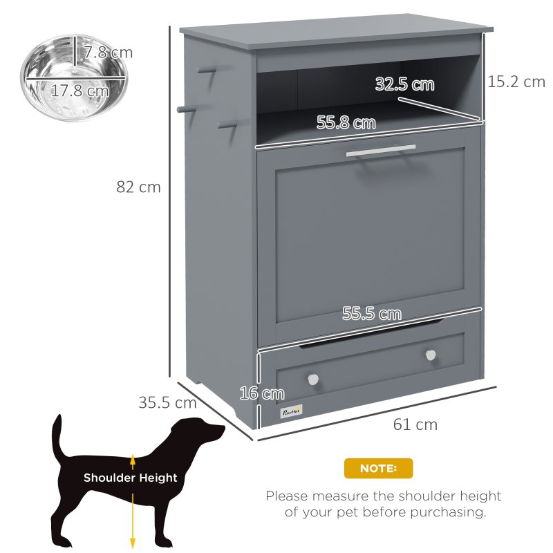 PawHut Pet Feeder Station, Dog Food Storage Container w/ Raised Dog Bowls, Hanger, for Food and Water - Grey