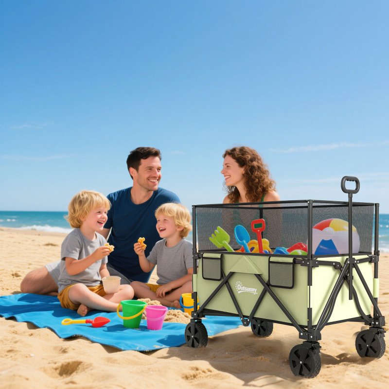 Outsunny 180L Festival Trolley on Wheels, Folding Camping Trolley Cart with Extendable Side Walls and Telescopic Handle, for Garden Beach Fishing, Light Green