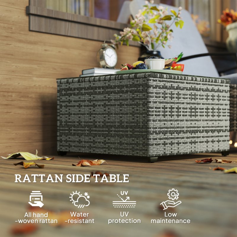Outsunny Outdoor Coffee Table, PE Rattan Side Table with Tempered Glass Top, Wicker Square Garden Coffee Table End Table with Steel Frame for Patio, Balcony, 60 x 62 x 38cm, Light Grey