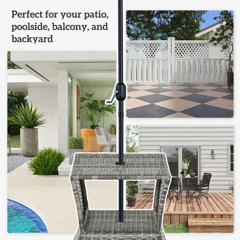 Outsunny Rattan Outdoor Coffee Table, Wicker Garden Patio Bistro Side Table with Umbrella Hole and Storage Space for Balcony, Porch, Grey