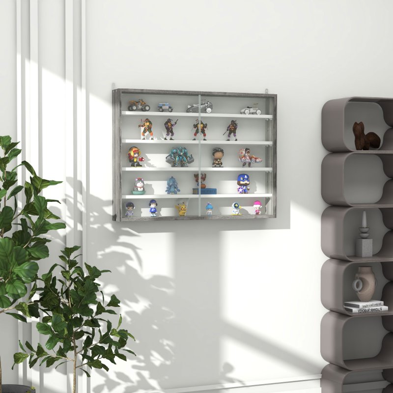 HOMCOM 5-Tier Wall Mounted Display Cabinet, Display Case with 4 Adjustable Shelves, Glass Doors for Home Office Ornaments 60x80cm, Grey Wood Grain
