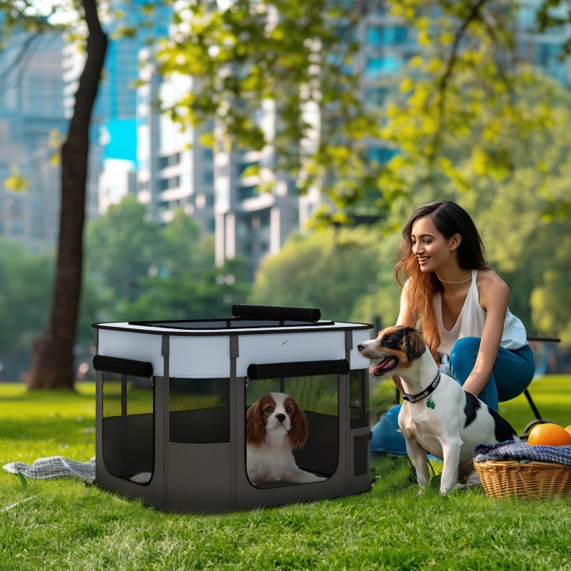 PawHut Dog Pen, Pet Playpen, Portable Foldable Dog Cat Playpen Soft Pet Cage with Storage Bag for Puppies, Rabbits, Kittens, Guinea Pigs, 74 x 60 x 45cm - Grey