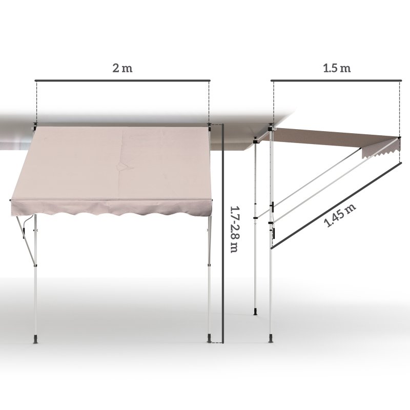 Outsunny Balcony 2 x 1.5m Manual Adjustable Awning DIY Patio Clamp Awning Canopy  Retractable Shade Shelter - Beige